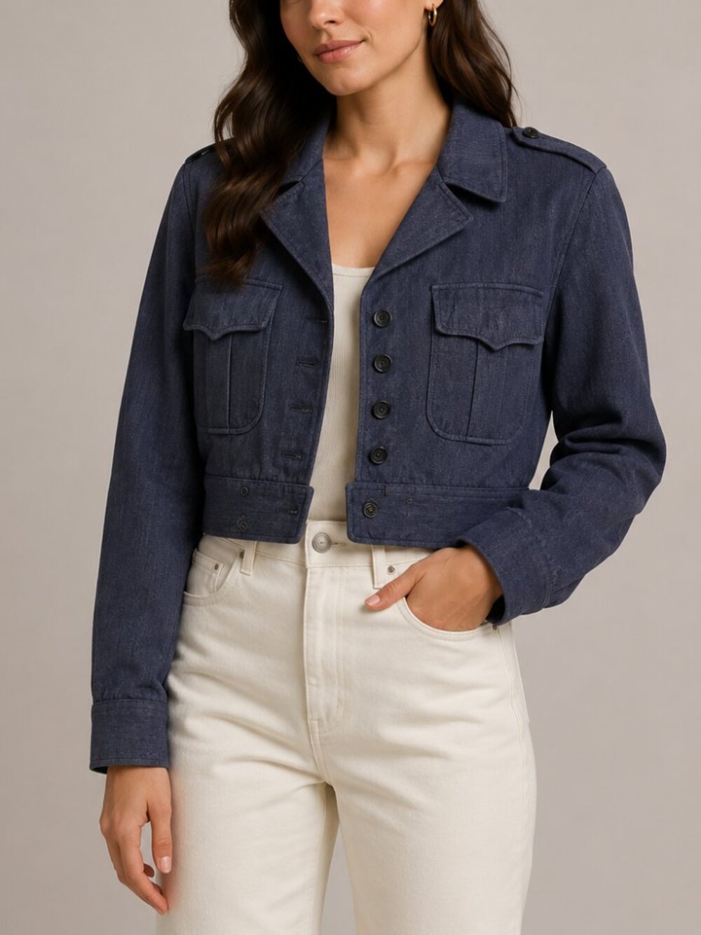 Vintage | Blue Uniform Military Crop Jacket Pockets Stanbury Small